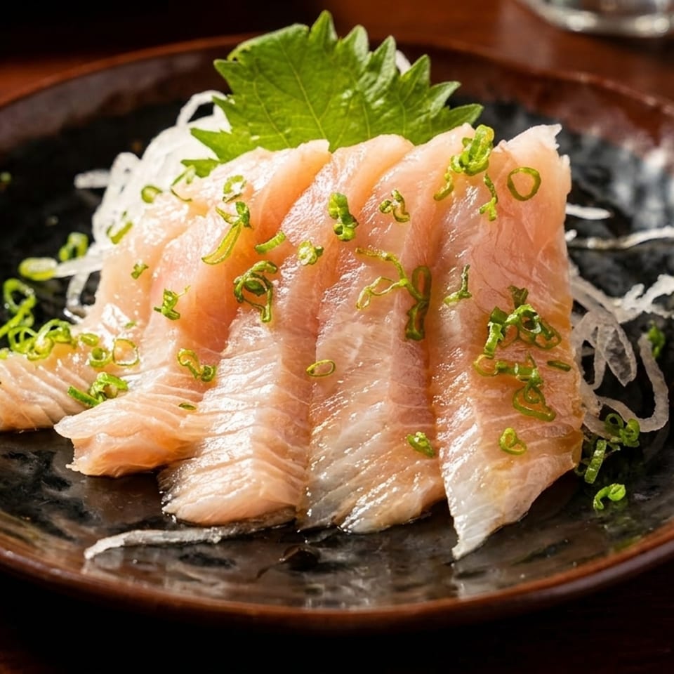 Fresh sashimi slices garnished with green onions and shiso leaf on a dark plate.