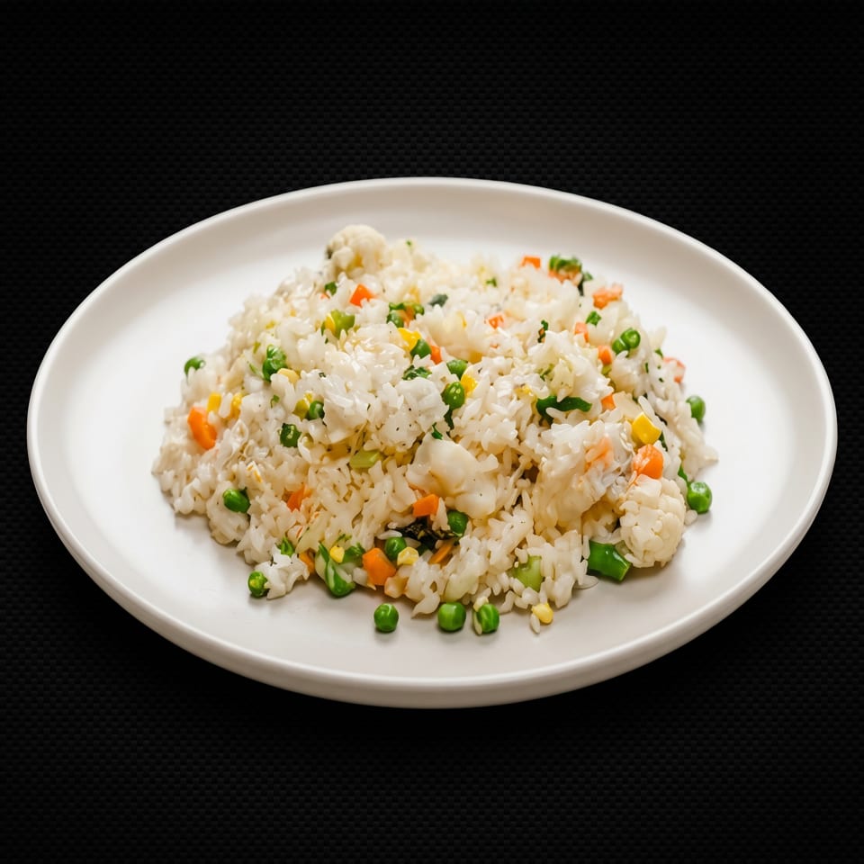 White plate of vegetable fried rice with peas, carrots, corn, and cauliflower on a dark background.