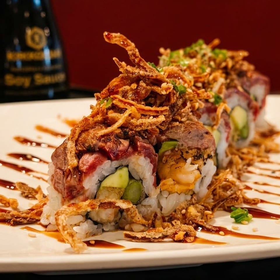 Sushi rolls topped with seared beef, crispy fried onions, and a drizzle of sauce on a white plate.