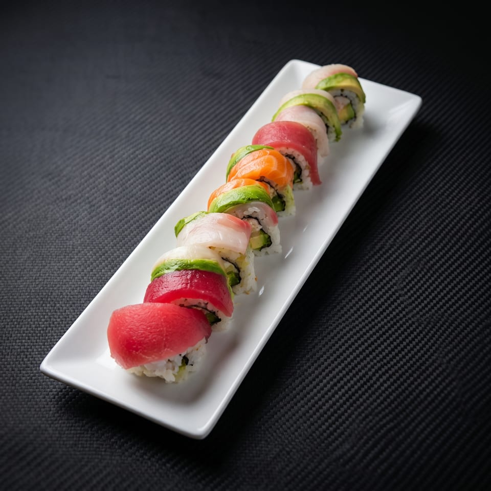 A long white plate holds a rainbow sushi roll with tuna, salmon, and avocado slices.