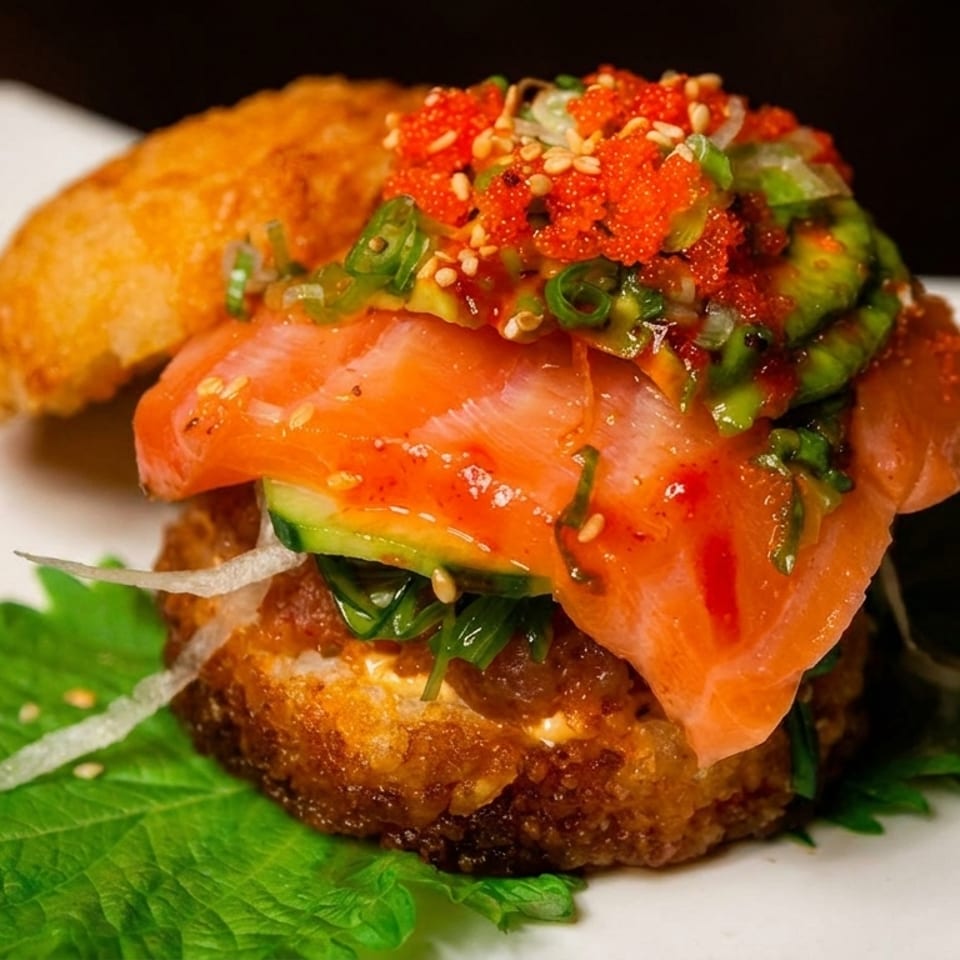 Salmon sushi burger with cucumber, green onions, and tobiko on a fried rice bun, served on a shiso leaf.