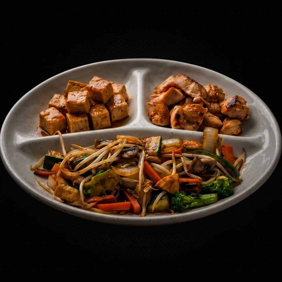 A divided plate with stir-fried vegetables, tofu, and chicken, against a dark background.