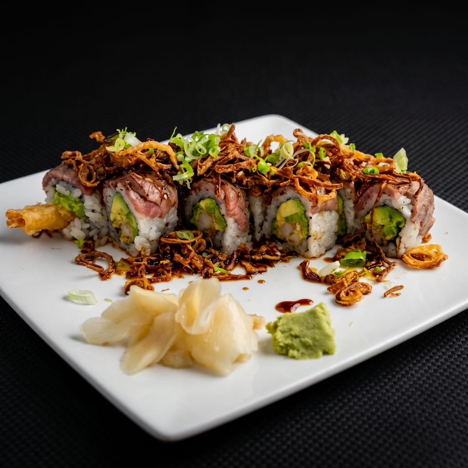 Sushi roll with beef, avocado, and tempura, topped with crispy onions and green onions on a white plate.