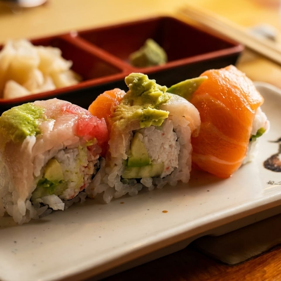 Three vibrant sushi rolls with fish and avocado on a plate, alongside ginger, wasabi, and chopsticks.